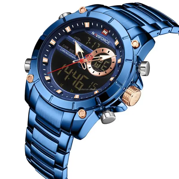 Naviforce NF9163 Stainless Steel Dual Movement Military Sport Men's Watch – Dial Color: Blue, Strap Color: Blue – View 2
