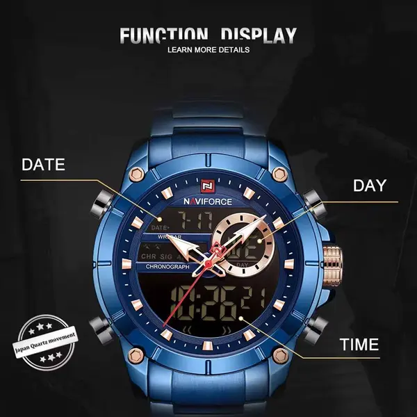 Naviforce NF9163 Stainless Steel Dual Movement Military Sport Men's Watch – Dial Color: Blue, Strap Color: Blue – View 5