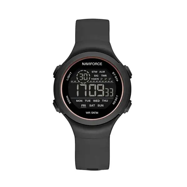 Naviforce NF7119 Comfortable Silicone Strap Trendy Sport Fashion Digital Women's Watch – Dial Color: Black, Strap Color: Black – View 1