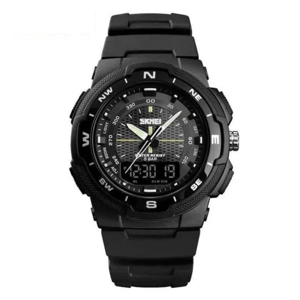 SKMEI 1454 Dual Time WaterProof Silicon Outdoor Sporty Men's Watch – Dial Color: Black, Strap Color: Black – View 1