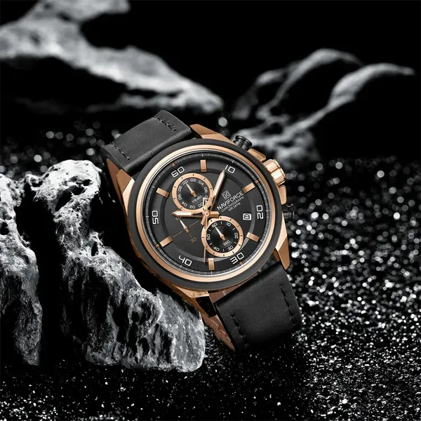 Naviforce 8075 Luxury Genuine Leather Straps Chronograph Sports Men's Watch – Dial Color: Brown, Strap Color:  Brown  – View 2