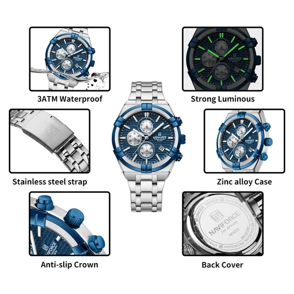 NAVIFORCE NF8042 Multi-function Luminous Men’s Watch – Dial Color: Blue, Strap Color: Silver – View 3