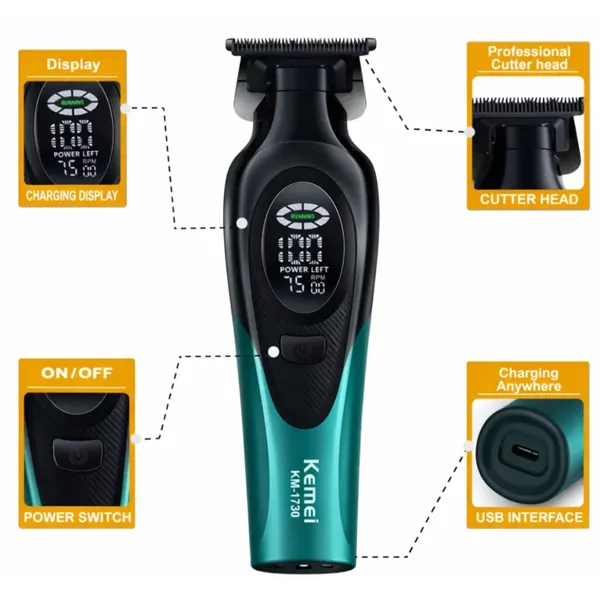 Kemei KM-1730 Rechargeable Beard & Hair Clipper Trimmer – Color: Green – View 2