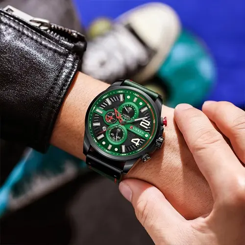 Curren 8393 High Quality Genuine Leather Straps Chronograph Men's Watch – Dial Color: Green, Strap Color: Green  – View 4