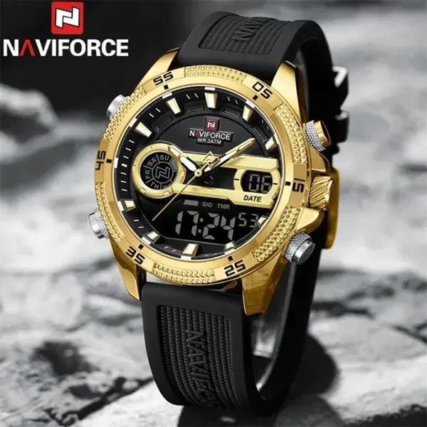 Naviforce 9223 Stainless Steel Dual Movement Military Sport Men's Watch – Dial Color: Gold, Strap Color: Black – View 2