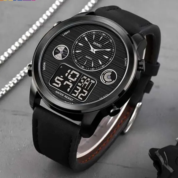 Skmei 1653 Digital Water Resistant Leather Analog Quartz Men's Watch – Dial Color: Black, Strap Color: Black – View 3