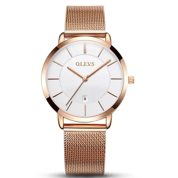 OLEVS 5869 Milanese Mesh Strap Waterproof Versatile Ultra Thin Couple's Wristwatch – Dial Color: White, Strap Color: Rose Gold – View 1