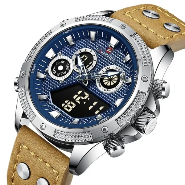 NAVIFORCE 9224 Chronograph Leather Men’s Watch – Dial Color: Blue, Strap Color:  Brown  – View 2