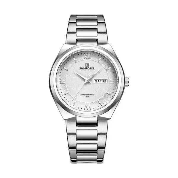 Naviforce NF8030 Military Stainless Steel Quartz Analog Men’s Watch – Dial Color: White, Strap Color: Silver – View 1