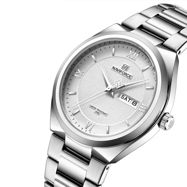Naviforce NF8030 Military Stainless Steel Quartz Analog Men’s Watch – Dial Color: White, Strap Color: Silver – View 3