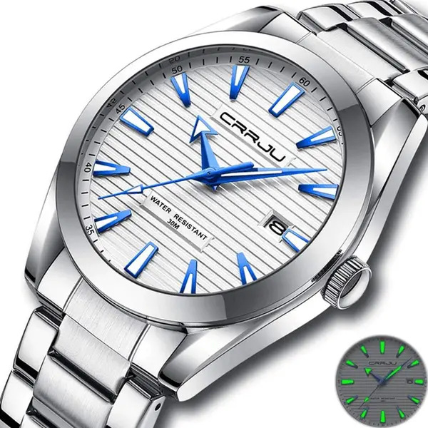 CRRJU 5006 Classic Stainless Steel Multifunctional Analog Quartz Fashion Men's Watch – Dial Color: White, Strap Color: Silver – View 2