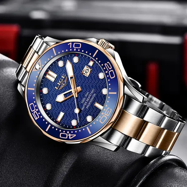 LIGE 8936 Analog Stainless Steel Waterproof Luxury Men's Watch – Dial Color: Blue, Strap Color: Rose – View 2