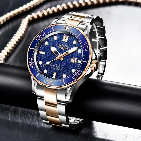 LIGE 8936 Analog Stainless Steel Waterproof Luxury Men's Watch – Dial Color: Blue, Strap Color: Rose – View 3