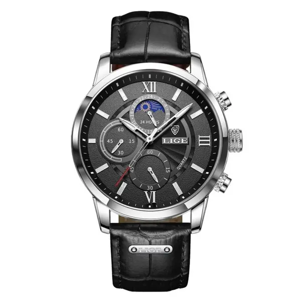 LIGE 8932 Premium Moon Phase Leather Strap Luxury Men's Watch – Dial Color: Silver, Strap Color: Black – View 1