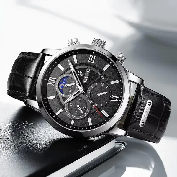 LIGE 8932 Premium Moon Phase Leather Strap Luxury Men's Watch – Dial Color: Silver, Strap Color: Black – View 3