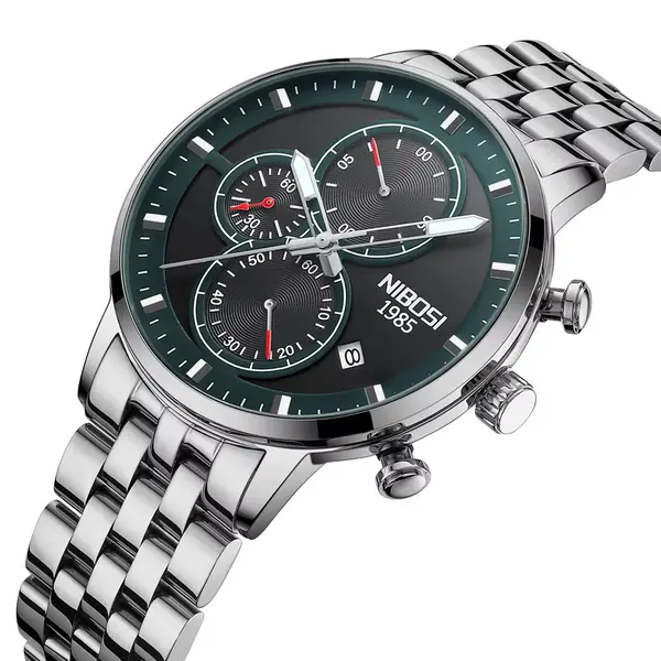 Nibosi 2531 Luxury Stainless Steel Waterproof Men's Watch – Dial Color: Black, Strap Color: Silver – View 2