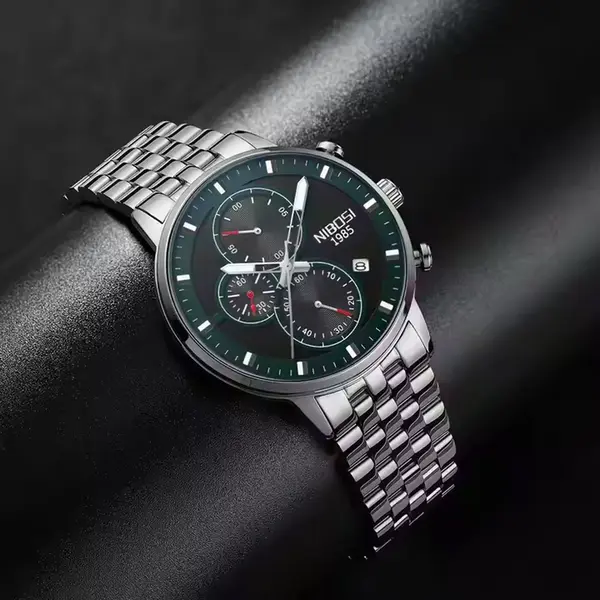 Nibosi 2531 Luxury Stainless Steel Waterproof Men's Watch – Dial Color: Black, Strap Color: Silver – View 3