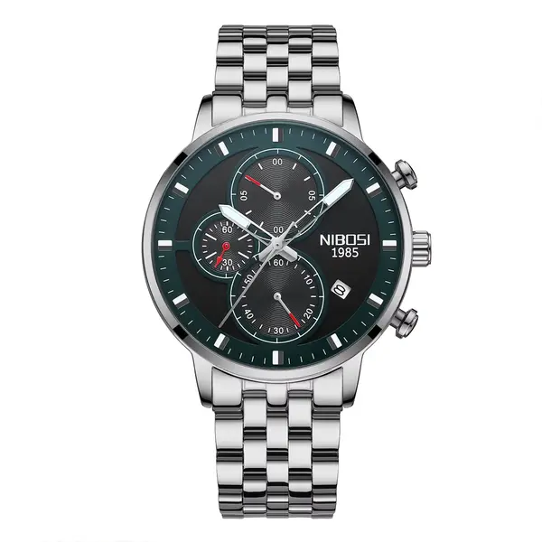 Nibosi 2531 Luxury Stainless Steel Waterproof Men's Watch – Dial Color: Black, Strap Color: Silver – View 1