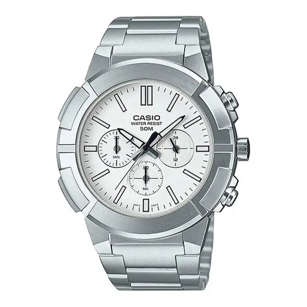 CASIO MTP-E500D-1AV Heavy Duty Stainless Steel Silver Waterproof Chronograph Men's Watch – Dial Color: White, Strap Color: Silver – View 1