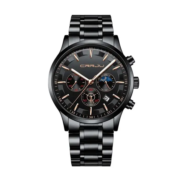 CRRJU 2260 High Quality Stainless Steel Multifunctional Quartz Classic Men's Watch – Dial Color: Rose Gold, Strap Color: Black – View 1