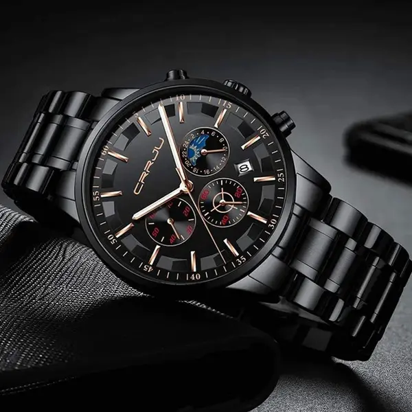 CRRJU 2260 High Quality Stainless Steel Multifunctional Quartz Classic Men's Watch – Dial Color: Rose Gold, Strap Color: Black – View 2