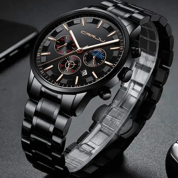 CRRJU 2260 High Quality Stainless Steel Multifunctional Quartz Classic Men's Watch – Dial Color: Rose Gold, Strap Color: Black – View 3