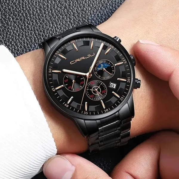 CRRJU 2260 High Quality Stainless Steel Multifunctional Quartz Classic Men's Watch – Dial Color: Rose Gold, Strap Color: Black – View 4