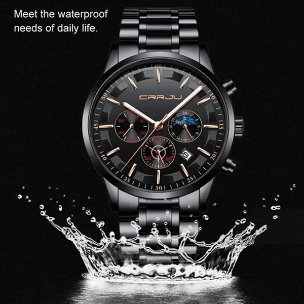 CRRJU 2260 High Quality Stainless Steel Multifunctional Quartz Classic Men's Watch – Dial Color: Rose Gold, Strap Color: Black – View 5