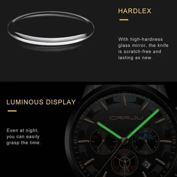 CRRJU 2260 High Quality Stainless Steel Multifunctional Quartz Classic Men's Watch – Dial Color: Rose Gold, Strap Color: Black – View 6