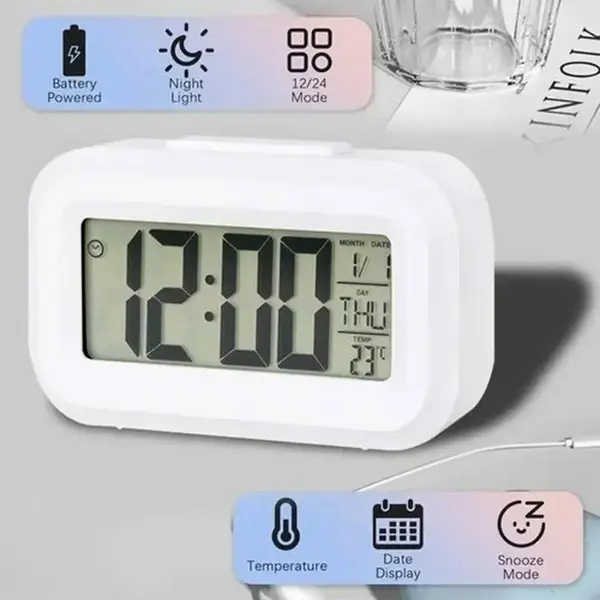 Data Time Calendar Desktop Multifunction LED Digital Table Clock – Color: White – View 3
