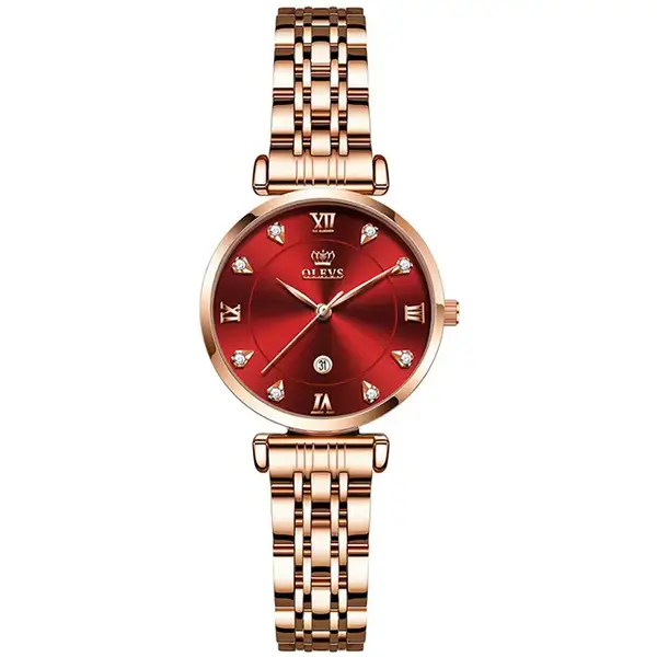 OLEVS 5866 Luxury Stainless Steel Rose Gold Flash Diamond Series Waterproof Women's Wristwatch – Dial Color: Red, Strap Color: Rose Gold – View 1