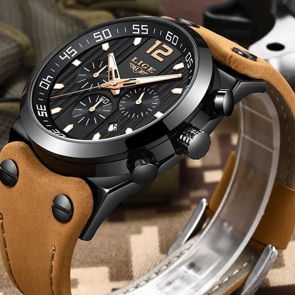 LIGE 9890 Analog High Quality Leather Quartz Chronograph Casual Men's Watch – Dial Color: Black, Strap Color:  Brown  – View 2