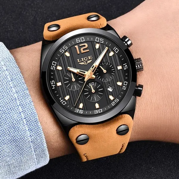 LIGE 9890 Analog High Quality Leather Quartz Chronograph Casual Men's Watch – Dial Color: Black, Strap Color:  Brown  – View 3