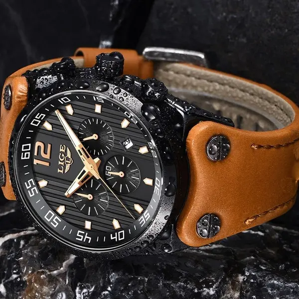 LIGE 9890 Analog High Quality Leather Quartz Chronograph Casual Men's Watch – Dial Color: Black, Strap Color:  Brown  – View 4