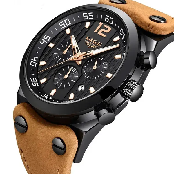 LIGE 9890 Analog High Quality Leather Quartz Chronograph Casual Men's Watch – Dial Color: Black, Strap Color:  Brown  – View 5