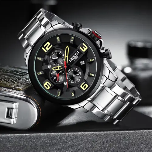 Nibosi 2336 Luxury Stainless Steel Strap Casual Men's Watch – Dial Color: Black, Strap Color: Silver – View 5