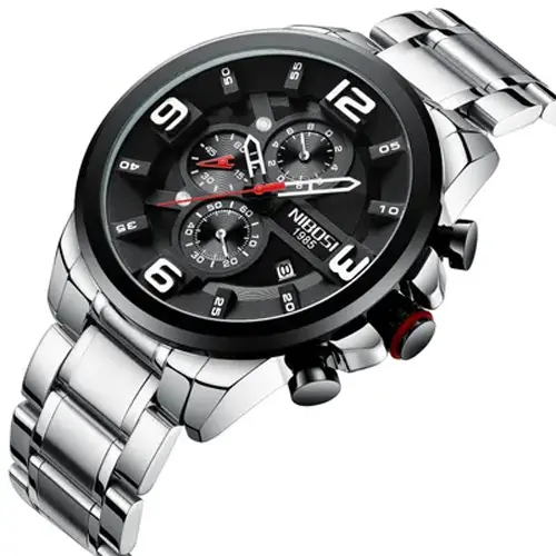 Nibosi 2336 Luxury Stainless Steel Strap Casual Men's Watch – Dial Color: Black, Strap Color: Silver – View 3