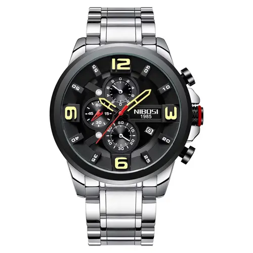 Nibosi 2336 Luxury Stainless Steel Strap Casual Men's Watch – Dial Color: Black, Strap Color: Silver – View 1