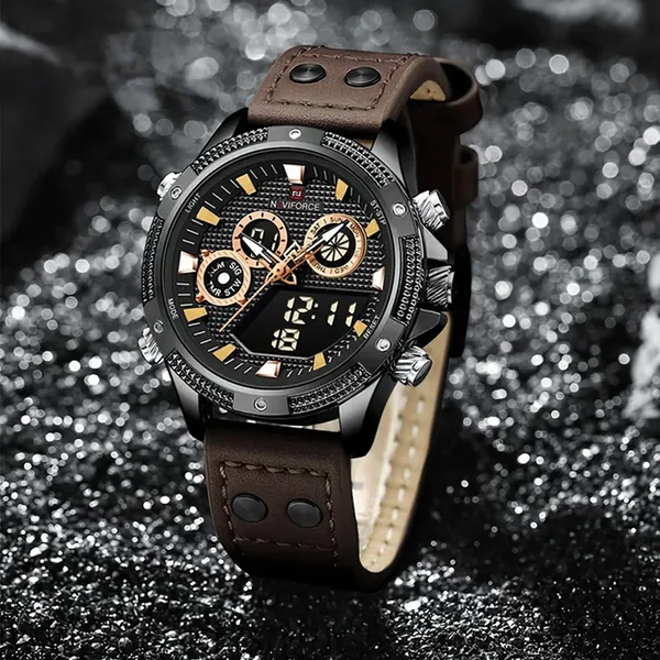 NAVIFORCE 9224 Chronograph Leather Men’s Watch – Dial Color: Black, Strap Color: Rose – View 2