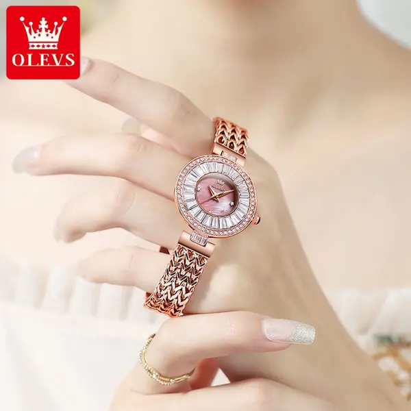 Olevs 9959 Original Top Brand Elegant Quartz Watch Women Waterproof Stainless Steel Luxury Diamond Watches  – Dial Color: Pink, Strap Color:  Brown  – View 3