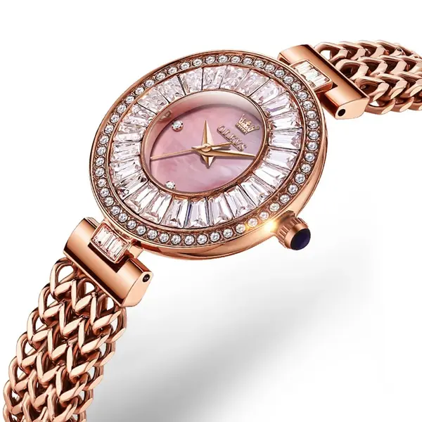 Olevs 9959 Original Top Brand Elegant Quartz Watch Women Waterproof Stainless Steel Luxury Diamond Watches  – Dial Color: Pink, Strap Color:  Brown  – View 2