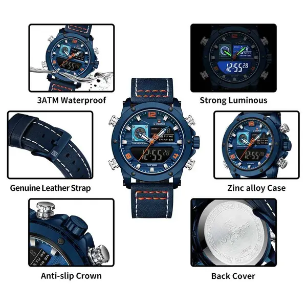 Naviforce NF9236 Military Style Comfortable Leather Strap Dual Movement Sports Men’s Watch – Dial Color: Orange, Strap Color: Blue – View 4