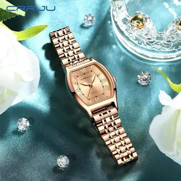 CRRJU 2493 Stainless Steel Japanese Quartz Movement Analog Dress Watch for Women – Dial Color: Gold, Strap Color: Gold  – View 4