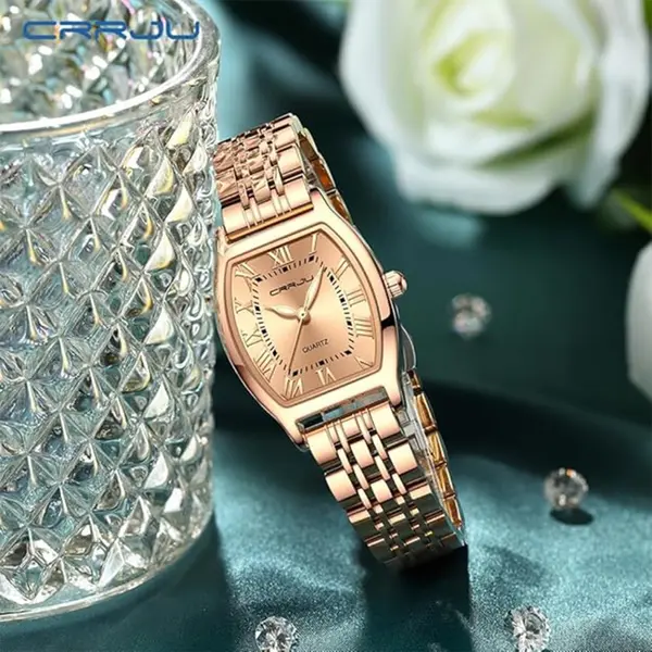 CRRJU 2493 Stainless Steel Japanese Quartz Movement Analog Dress Watch for Women – Dial Color: Gold, Strap Color: Gold  – View 5