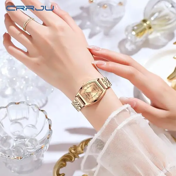 CRRJU 2493 Stainless Steel Japanese Quartz Movement Analog Dress Watch for Women – Dial Color: Gold, Strap Color: Gold  – View 3