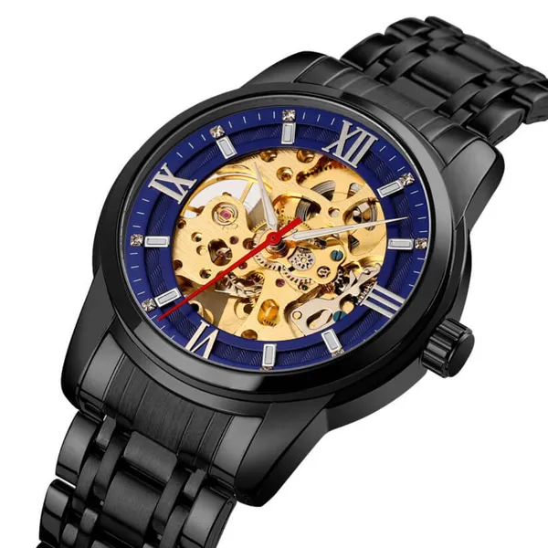 SKMEI 9222 Skeleton Hollow Automatic Mechanical Men's Watch – Dial Color: Blue, Strap Color: Black – View 2