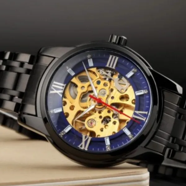 SKMEI 9222 Skeleton Hollow Automatic Mechanical Men's Watch – Dial Color: Blue, Strap Color: Black – View 3