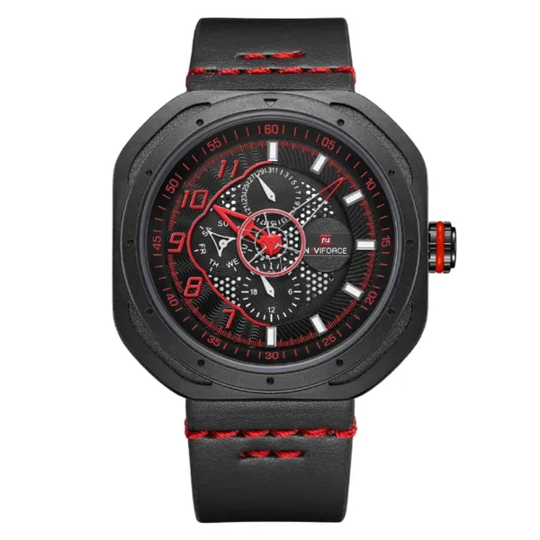 Naviforce NF9141 Rounded Square Quartz Leather Strap Men's Watch – Dial Color: Red, Strap Color: Black – View 1
