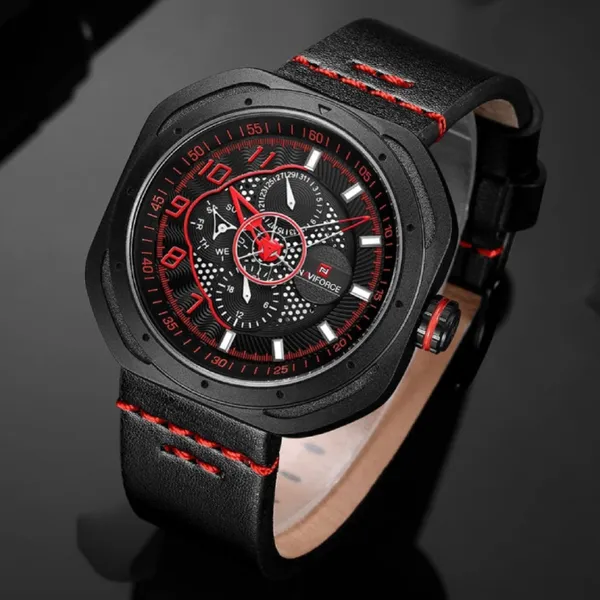 Naviforce NF9141 Rounded Square Quartz Leather Strap Men's Watch – Dial Color: Red, Strap Color: Black – View 3