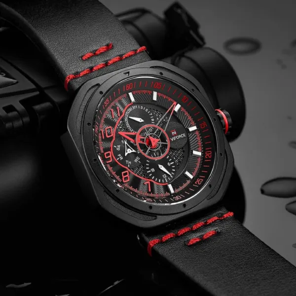 Naviforce NF9141 Rounded Square Quartz Leather Strap Men's Watch – Dial Color: Red, Strap Color: Black – View 4